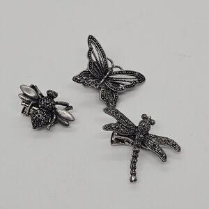 trio of marcasite bug clips dragonfly bee butterfly